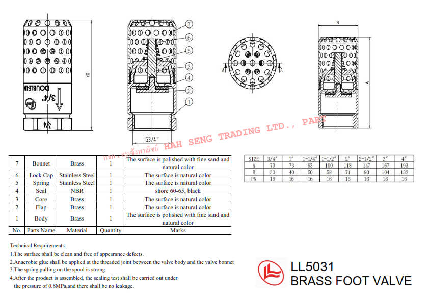 ฟุตวาล์วทองเหลืองรังผึ้ง LL5031 3/4"